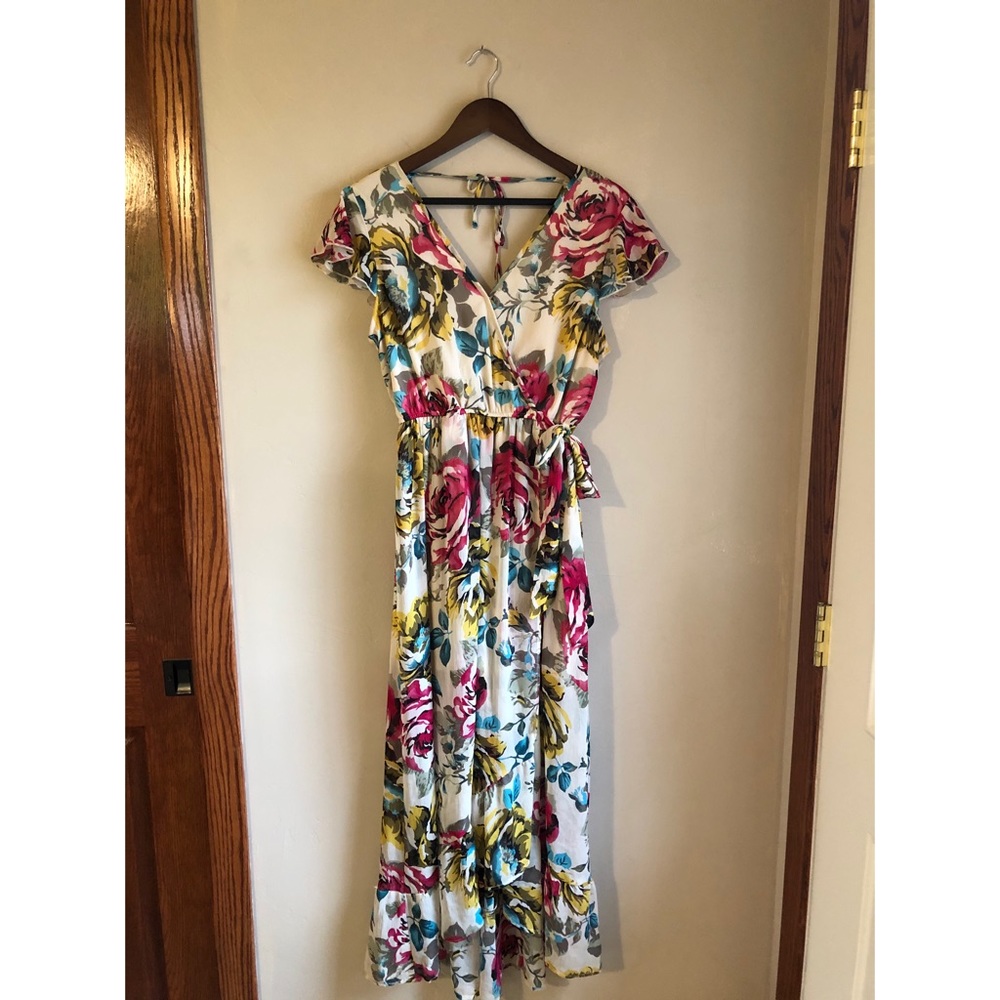 Faux wrap dress with slight high low hem